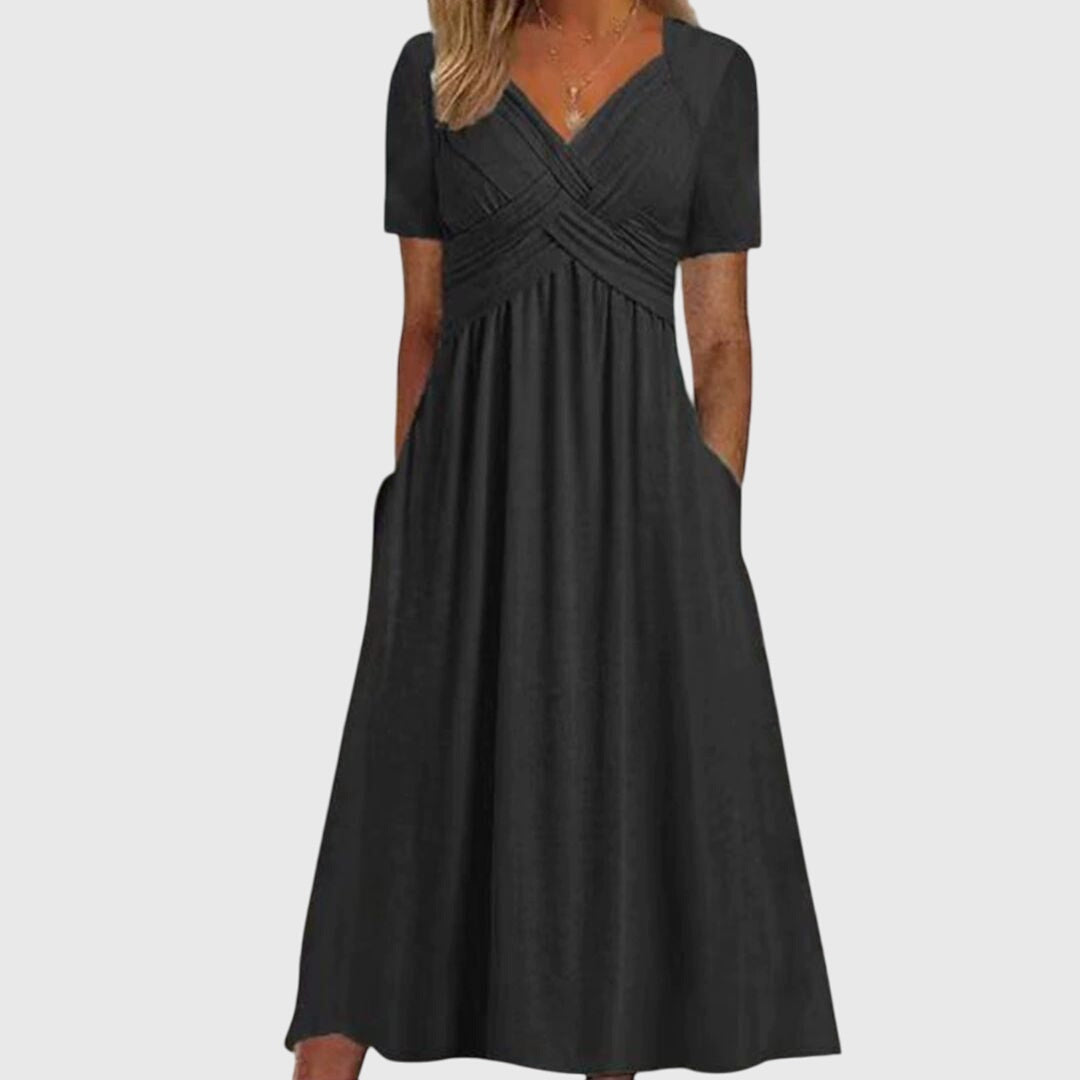 Robe Femme Longue Col V et Manches Courtes