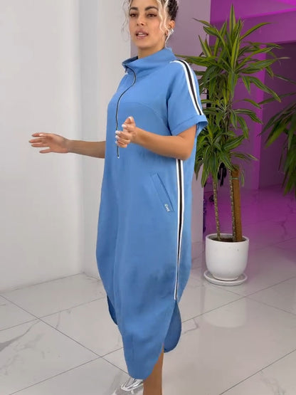 Robe Longue Femme Zippée Col Montant Coupe Fluide Sport Chic