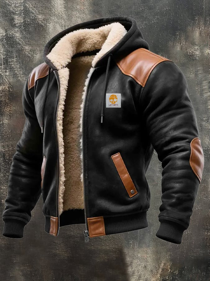 Veste Daim et Cuir Capuche Style Rétro Coupe Chaude