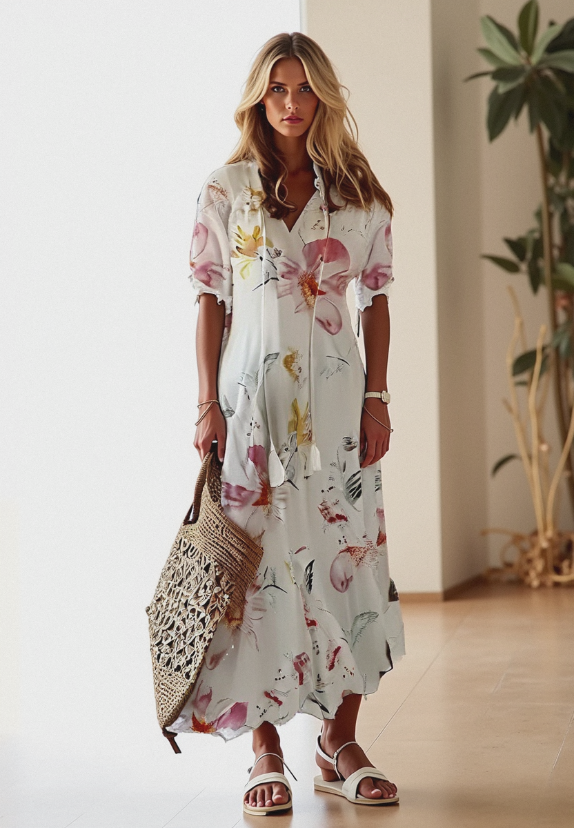 Robe Bohème Été Longue avec Ceinture et Décolleté Plongeant - PanierRoyale