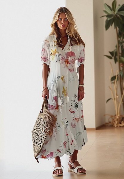 Robe Bohème Été Longue avec Ceinture et Décolleté Plongeant - PanierRoyale