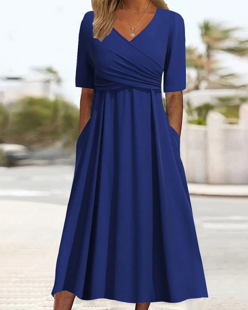 Robe Femme Midi Coton Confortable avec Poches et Col en V - PanierRoyale
