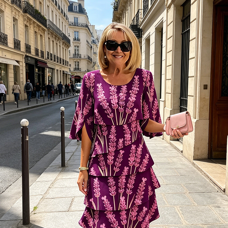 Robe Mi-Longue Femme Tissu Imprimé Volants Superposés Manches Fendues
