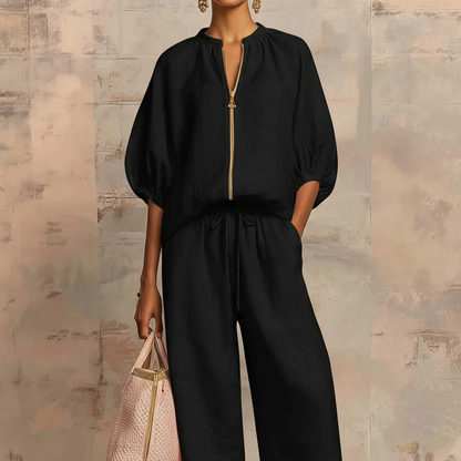 Ensemble Femme Blouse Zip Fluide et Pantalon Large Confortable