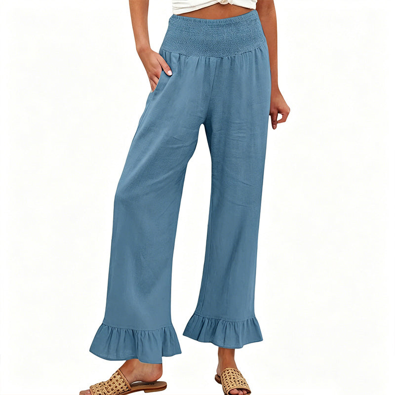 Pantalon Large Femme Coton Lin Taille Smock Volants Bas Boho