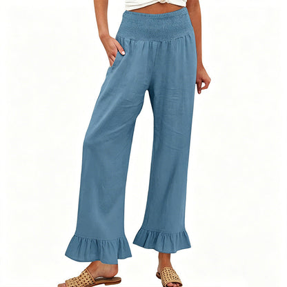 Pantalon Large Femme Coton Lin Taille Smock Volants Bas Boho