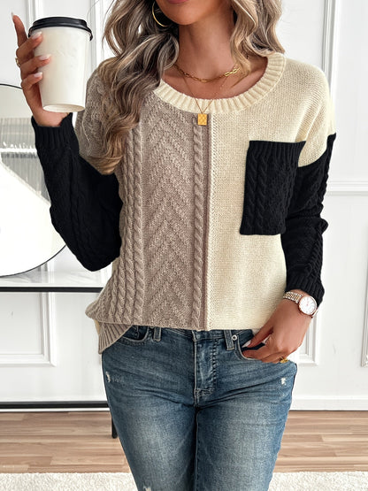 Pull Femme Maille Torsadée Patchwork Confortable Coupe Classique
