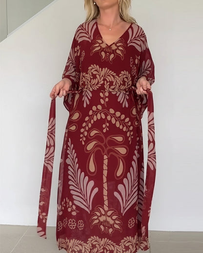 Robe Maxi Femme Imprimé Feuilles Col V Style Bohème