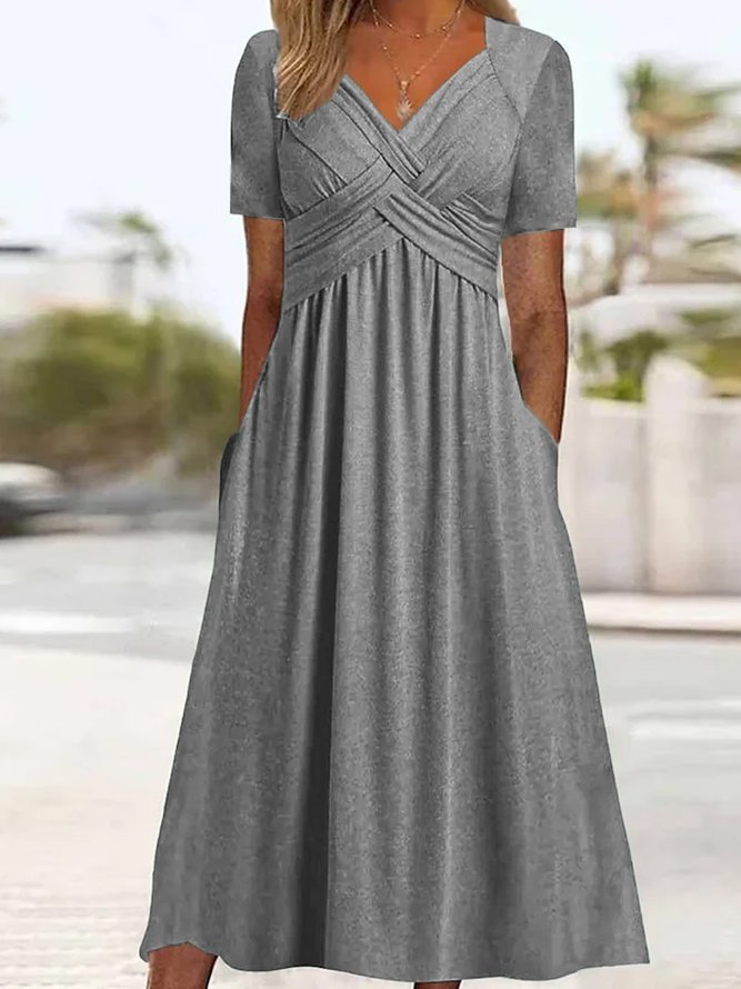 Robe longue Femme Col en V Fluide Manches Courtes Poches