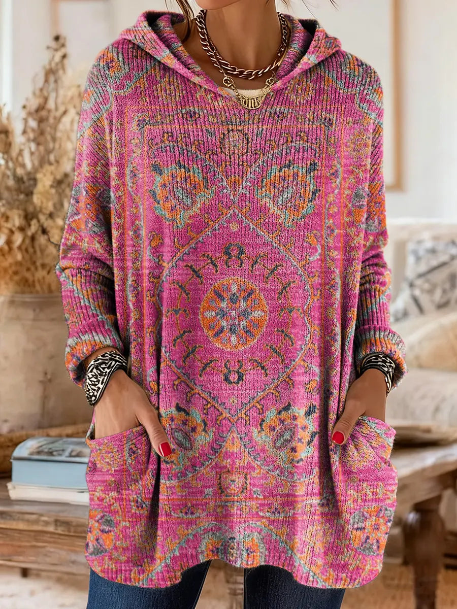 Tunique Femme Tricot Capuche Style Rétro Coupe Ample Poches