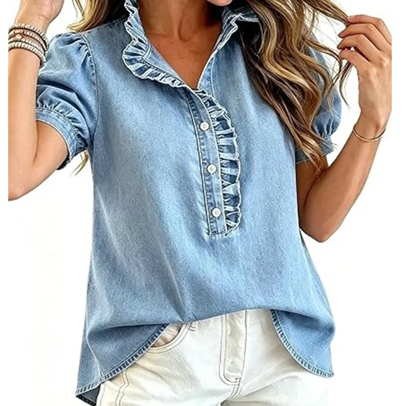 Haut Femme Denim Col Volanté Manches Bouffantes