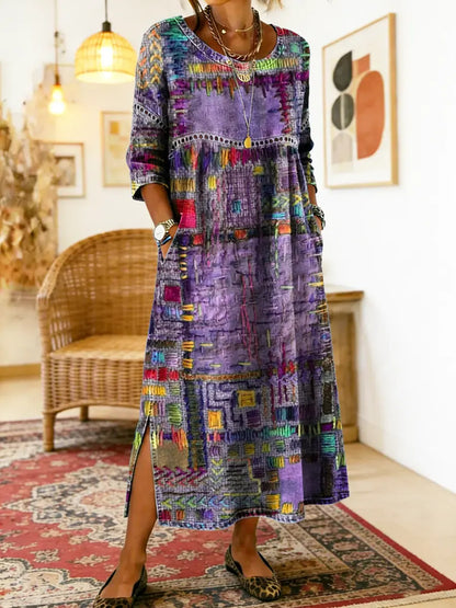 Robe Femme Denim Patchwork Ethnique Coupe Fluide