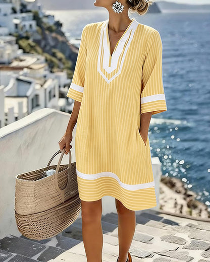 Robe Femme Col en V Manches Courtes Coupe Droite