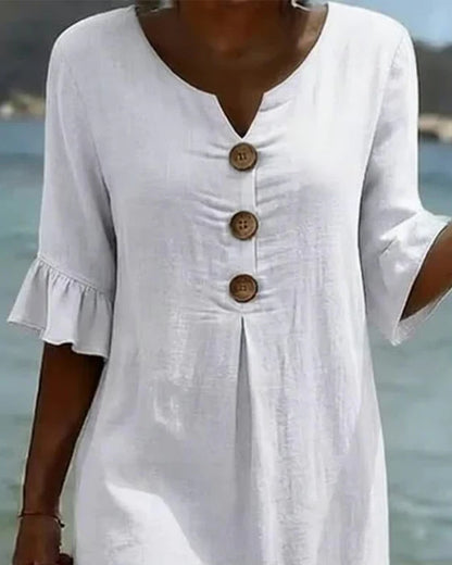 Robe Femme Coton Lin Boutonnée Manches Volantées Estivale