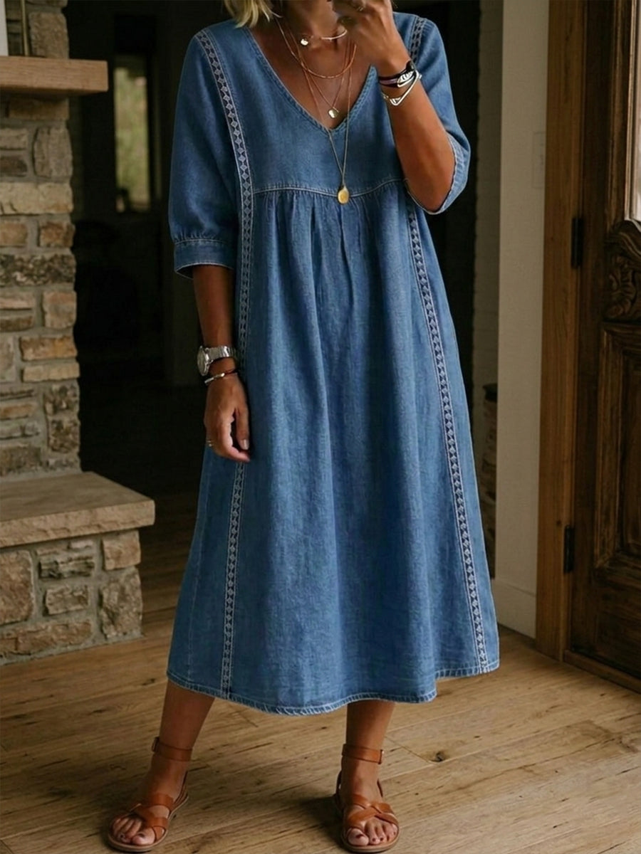 Robe Femme Denim Fluide Col en V Détails Dentelle Style Décontracté