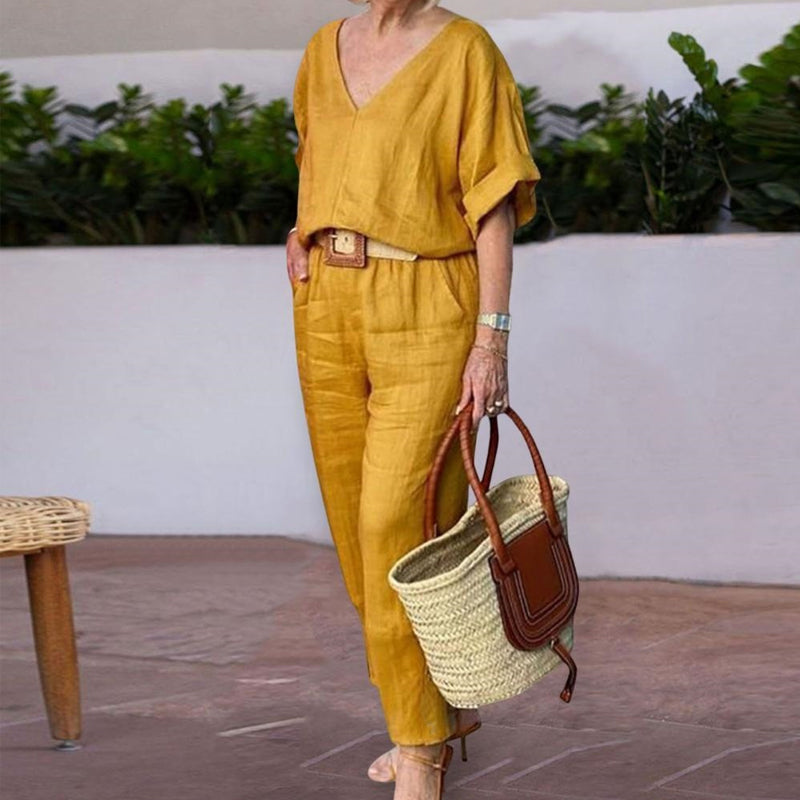 Ensemble Femme Col en V Pantalon Ample Coupe Décontractée - PanierRoyale