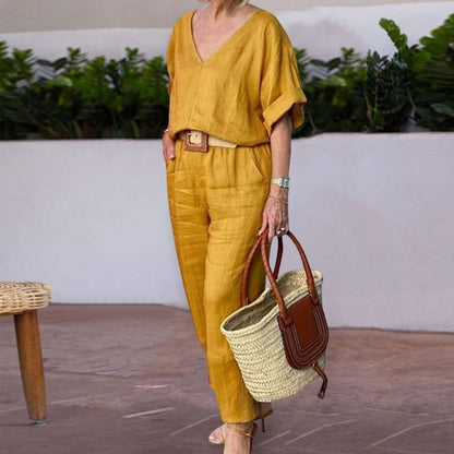 Ensemble Femme Col en V Pantalon Ample Coupe Décontractée - PanierRoyale