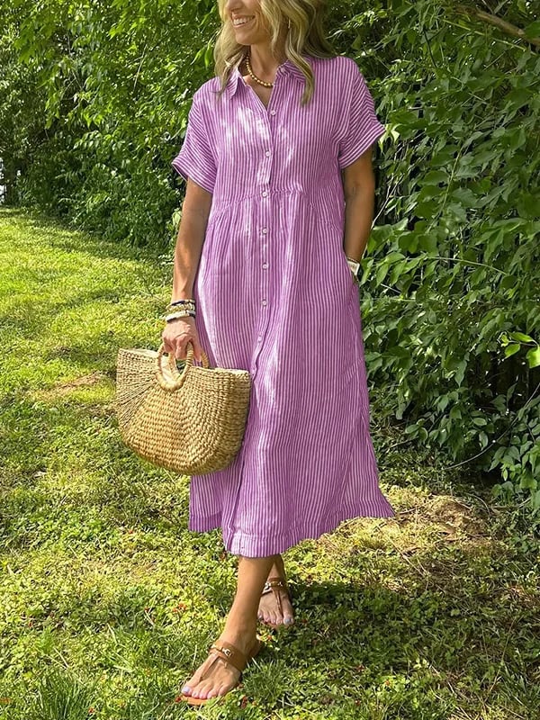 Robe maxi Femme Fluide Boutonnée Col Rond Manches Courtes
