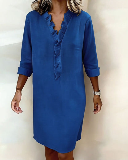 Robe Femme Col en V Volants Coupe Droite Décontractée
