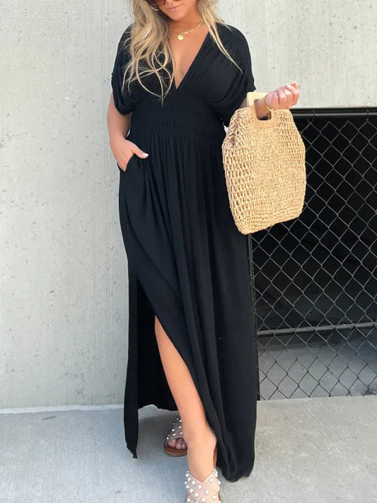 MaxiChic™ – Robe Longue Femme Élégante Col en V Tissu Léger Été-1