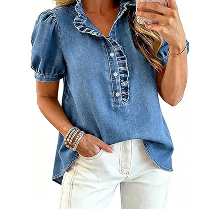 Haut Femme Denim Col Volanté Manches Bouffantes