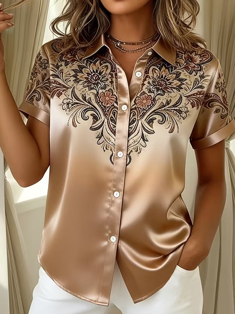 Blouse Femme Satinée Imprimé Floral Col Chemise Élégant