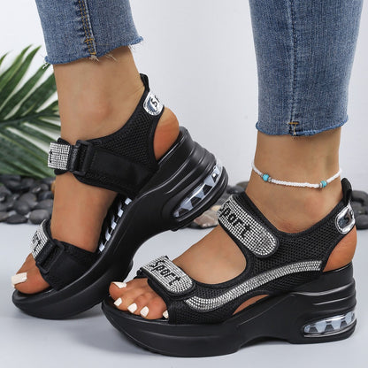 Sandales Femme Plateforme Strass Velcro Semelle Coussin Air