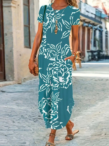 Robe Été Courte Fleurs Femme à Manches Courtes