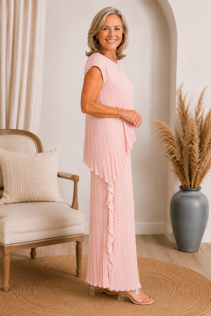 Ensemble Femme Plissé Pantalon Large Haut Asymétrique