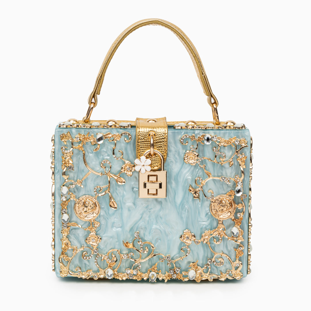 Sac de Soirée En Acrylique Bleu Ciel avec Décor Or Baroque
