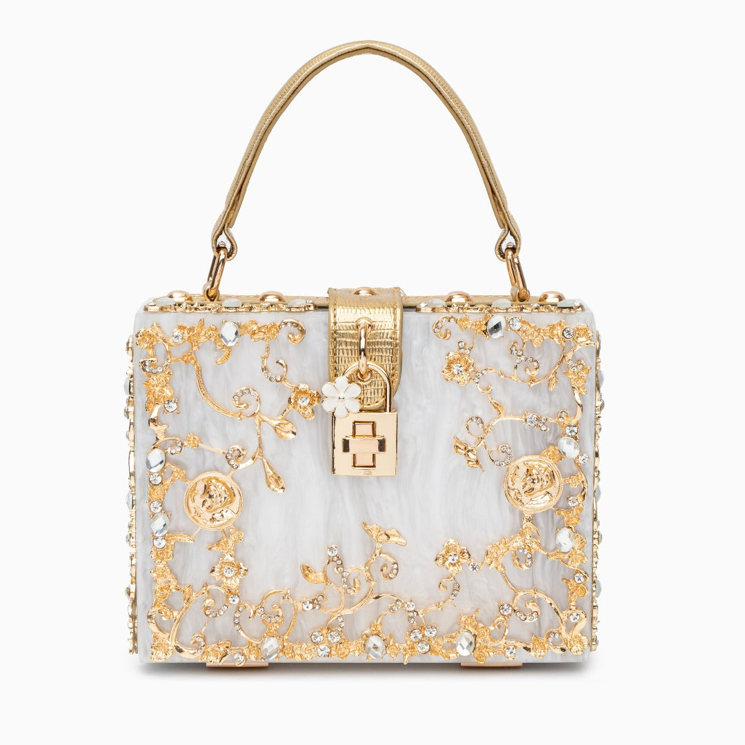 Sac de Soirée En Acrylique Bleu Ciel avec Décor Or Baroque