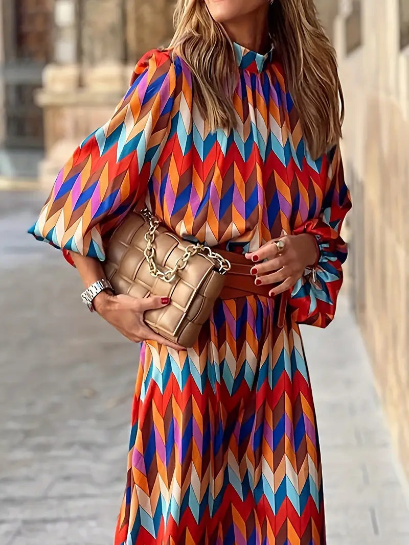Robe Femme Élégante - Robe Mi-Longue à Manches Longues avec Imprimé Fleuri
