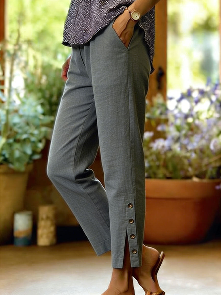 Pantalon Femme Coton Lin Coupe Décontractée Fente Boutonnée