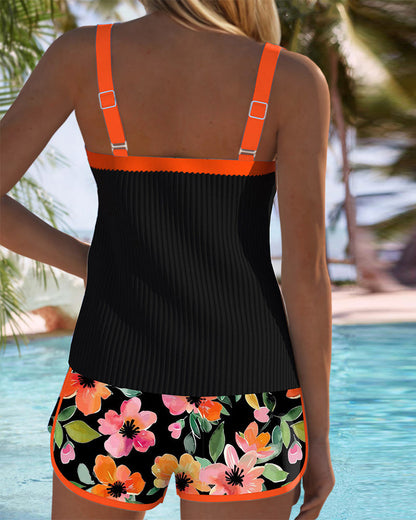 Tankini Deux Pièces Femme Côtelé Short Imprimé Coupe Ajustée