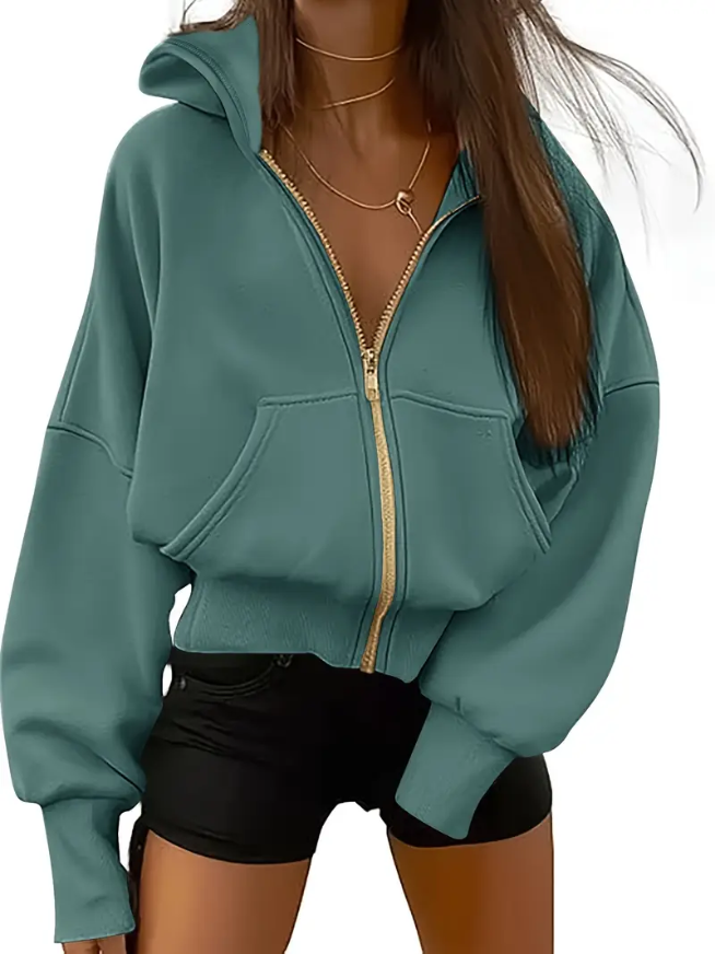 Sweat femme zippé noir vert foncé avec poches latérales - PanierRoyale
