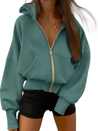 Sweat femme zippé noir vert foncé avec poches latérales - PanierRoyale