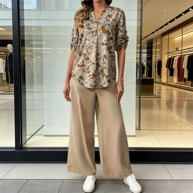 Ensemble Femme Blouse Fluide Imprimé et Pantalon Large Coupe Ample - PanierRoyale