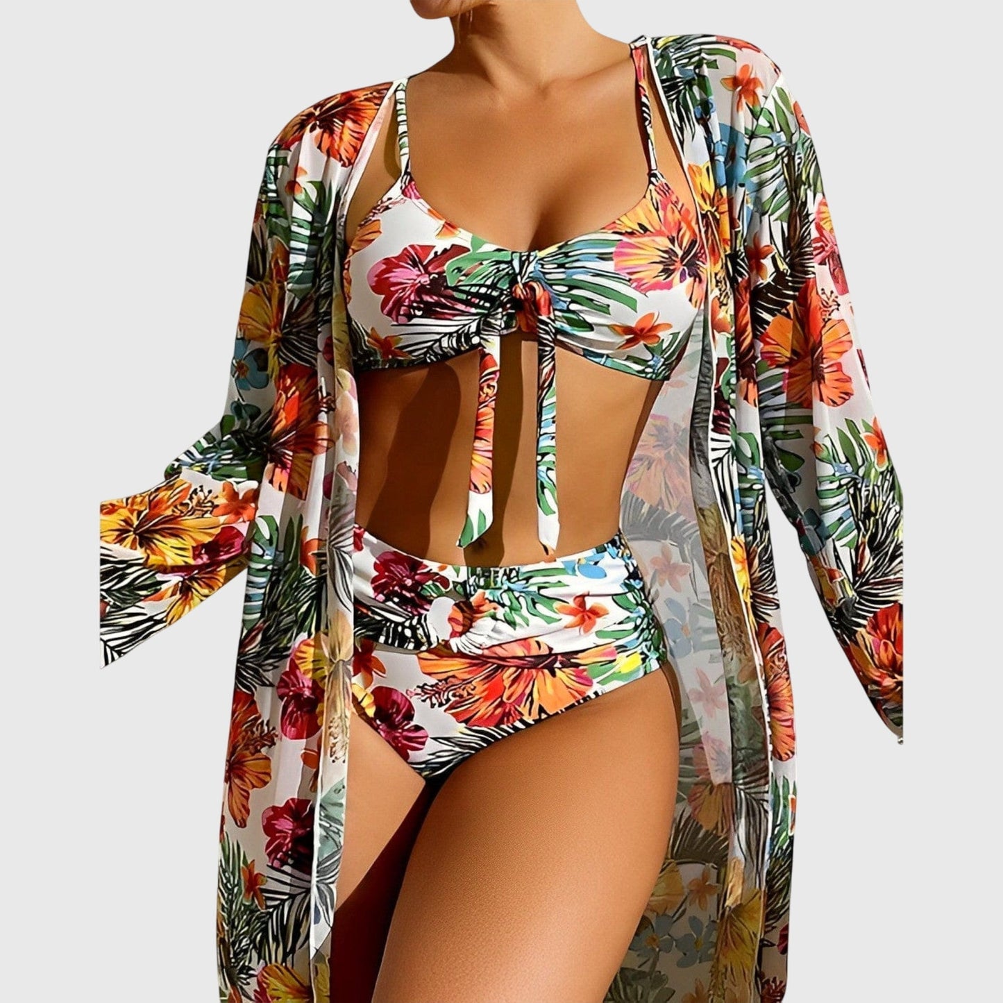 Bikini Trois Pièces Femme Imprimé Tropical Noué Kimono Assorti