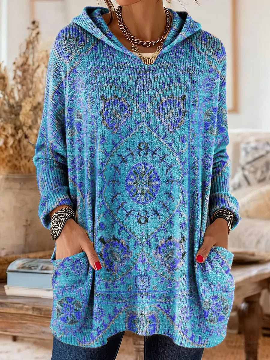 Tunique Femme Tricot Capuche Style Rétro Coupe Ample Poches