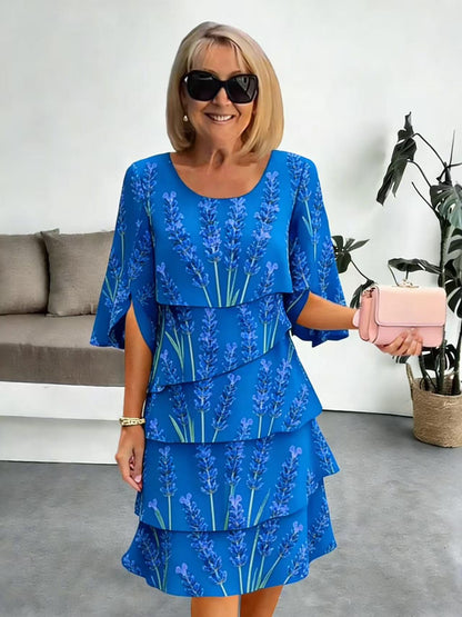 Robe Mi-Longue Femme Tissu Imprimé Volants Superposés Manches Fendues