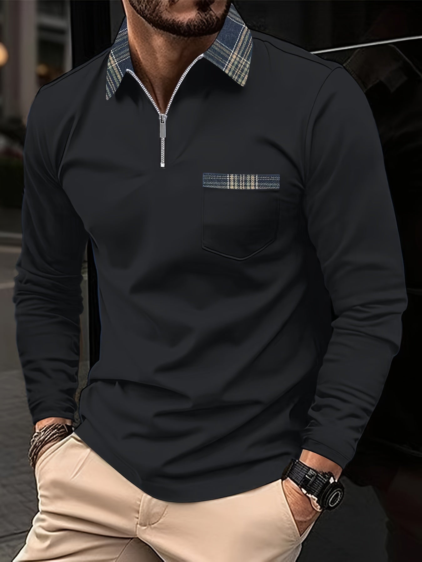 Polo Homme Manches Longues Motif Écossais Classique