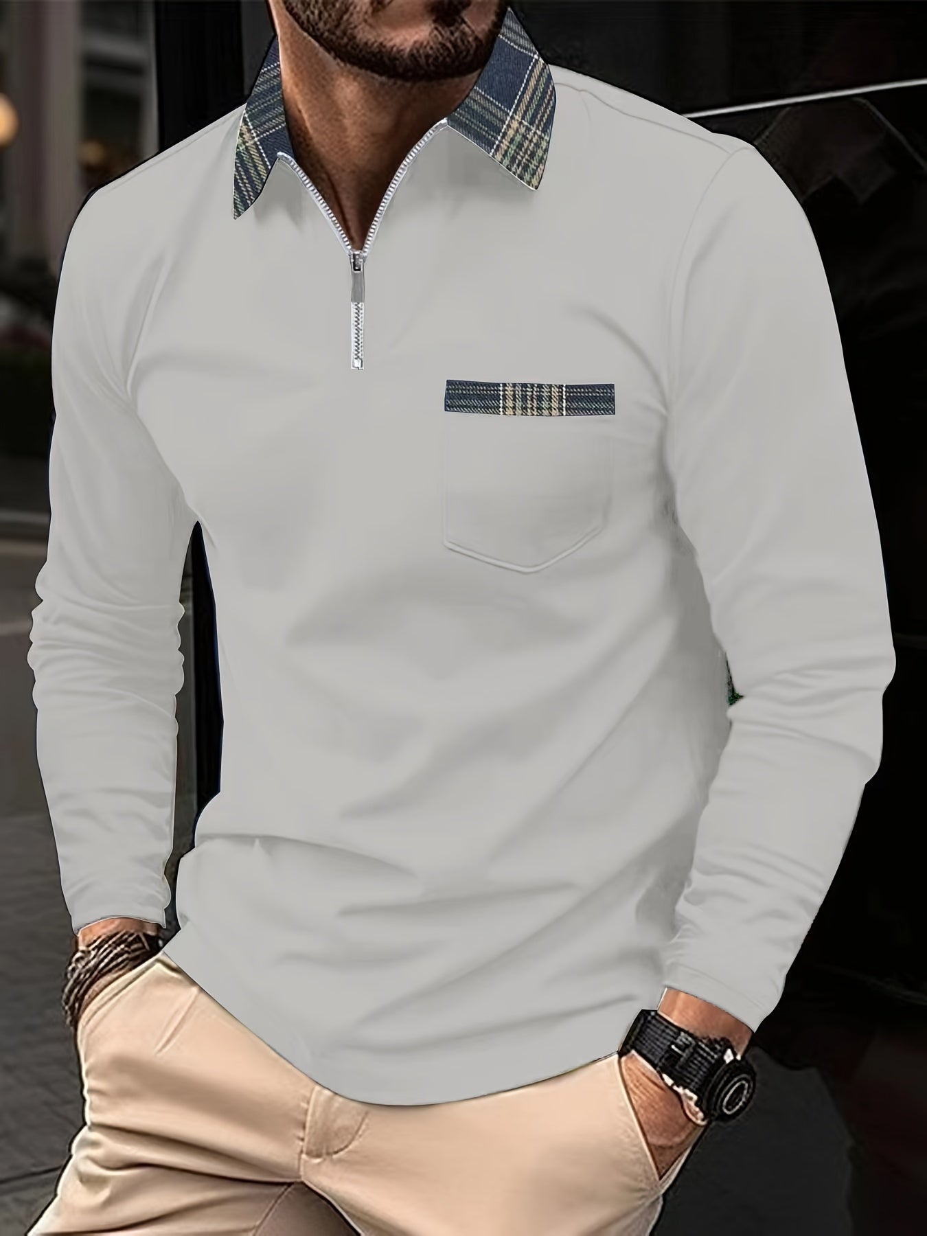 Polo Homme Manches Longues Motif Écossais Classique
