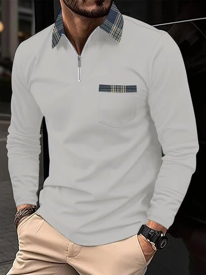 Polo Homme Manches Longues Motif Écossais Classique