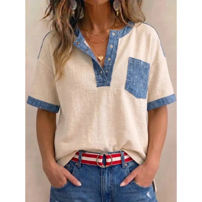 Femme Coton Col en V Détails Denim - PanierRoyale