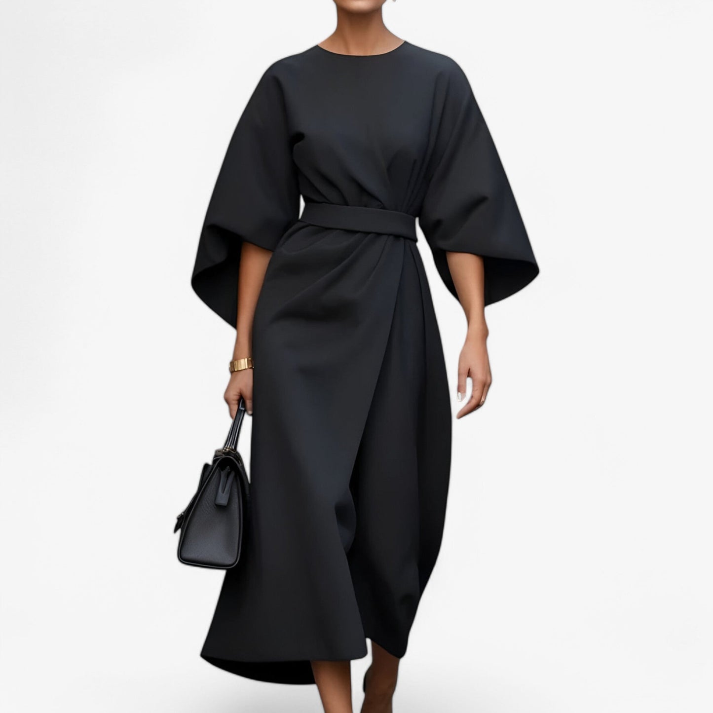 Robe Longue Élégante à Ceinture avec Encolure Ronde