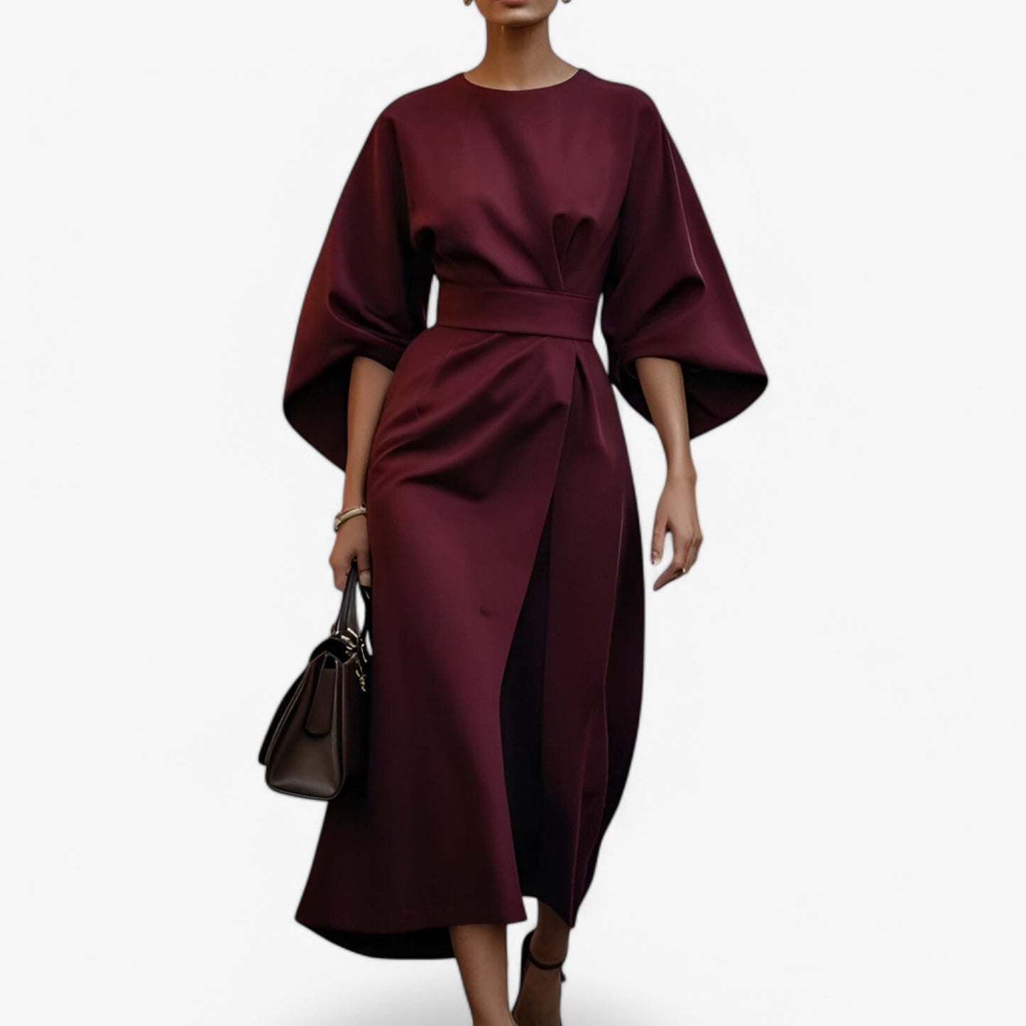 Robe Longue Élégante à Ceinture avec Encolure Ronde