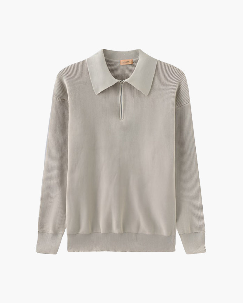 Pull Homme Col Polo en Maille Côtelée Chaud et Confortable