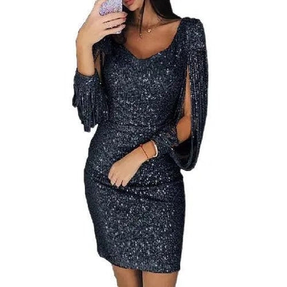 Robe de Soirée Élégante Manches Longues Brillante
