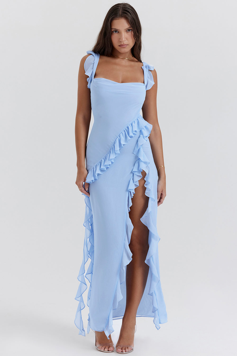 Robe de Soirée Femme Longue en Chiffon avec Col Rond et Fente Arrière