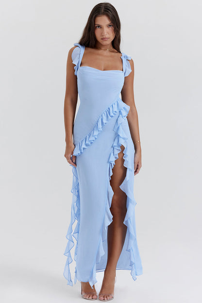 Robe de Soirée Femme Longue en Chiffon avec Col Rond et Fente Arrière